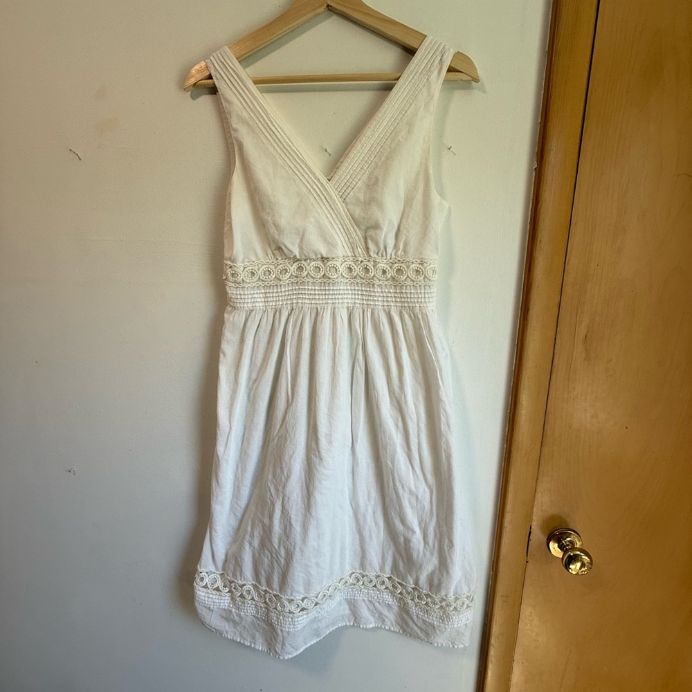 100% Cotton White V-Neck Crochet Trim Sundress